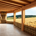 **

A modern, eco-friendly house being built with wooden beams and straw bale insulation. Focus on the natural materials and sustainable construction techniques. In the background, show a field of golden wheat ready for harvest. Emphasize the contrast between traditional building methods and innovative architectural design. Style: Photorealistic, with warm, earthy tones.

**
