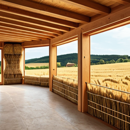 **

A modern, eco-friendly house being built with wooden beams and straw bale insulation. Focus on the natural materials and sustainable construction techniques. In the background, show a field of golden wheat ready for harvest. Emphasize the contrast between traditional building methods and innovative architectural design. Style: Photorealistic, with warm, earthy tones.

**