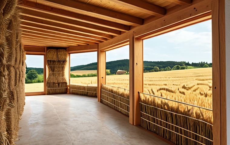 **
A modern, eco-friendly house being built with wooden beams and straw bale insulation. Focus on the natural materials and sustainable construction techniques. In the background, show a field of golden wheat ready for harvest. Emphasize the contrast between traditional building methods and innovative architectural design. Style: Photorealistic, with warm, earthy tones.
**