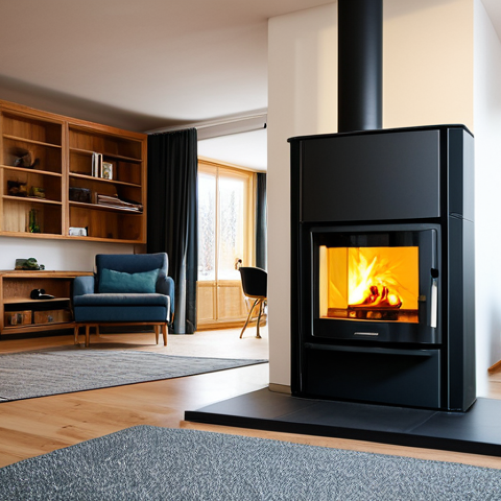 "A modern German home heated by a biomass pellet stove, visible wood pellet storage, cozy interior, fully clothed family enjoying the warmth, safe for work, perfect anatomy, natural proportions, professional photography, warm lighting, family-friendly."