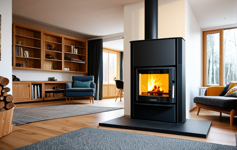 "A modern German home heated by a biomass pellet stove, visible wood pellet storage, cozy interior, fully clothed family enjoying the warmth, safe for work, perfect anatomy, natural proportions, professional photography, warm lighting, family-friendly."