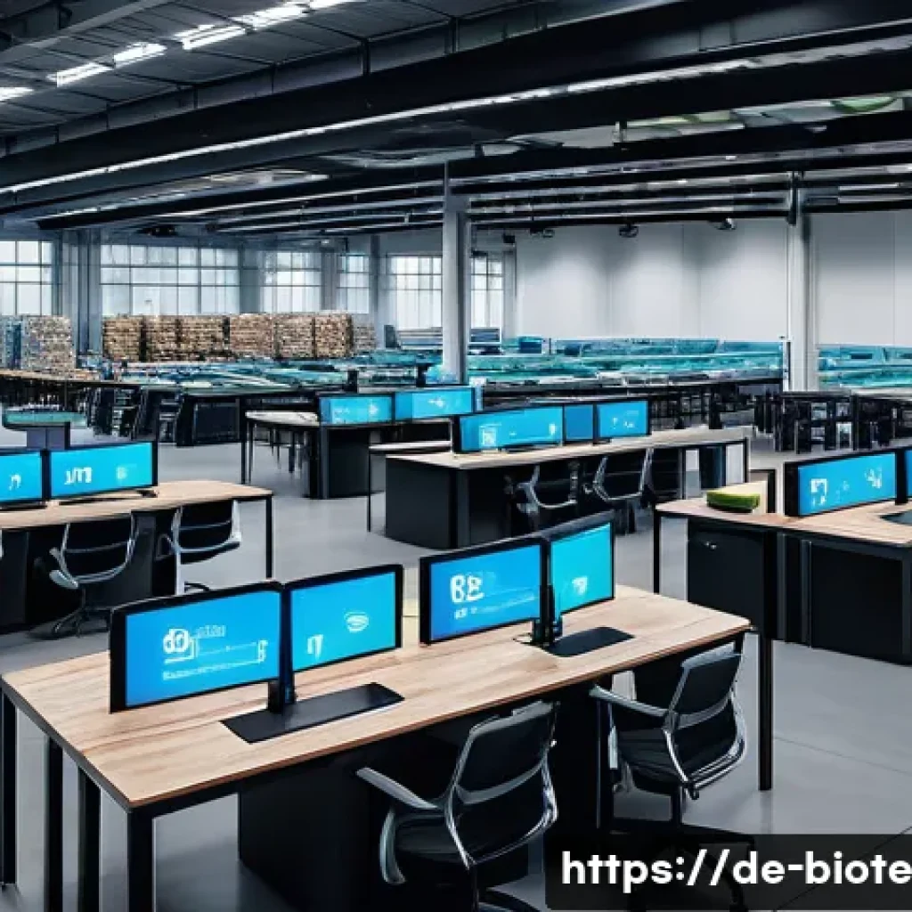 바이오 기반 소재의 공급망 관리 - A modern, high-tech warehouse interior in Germany showcasing a digital supply chain management syste...
