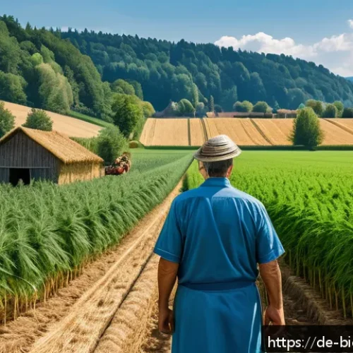 Home 32 바이오 기반 소재의 원료 조달 방법 - A picturesque rural German landscape featuring a hemp field ready for harvest under a clear blue sky...