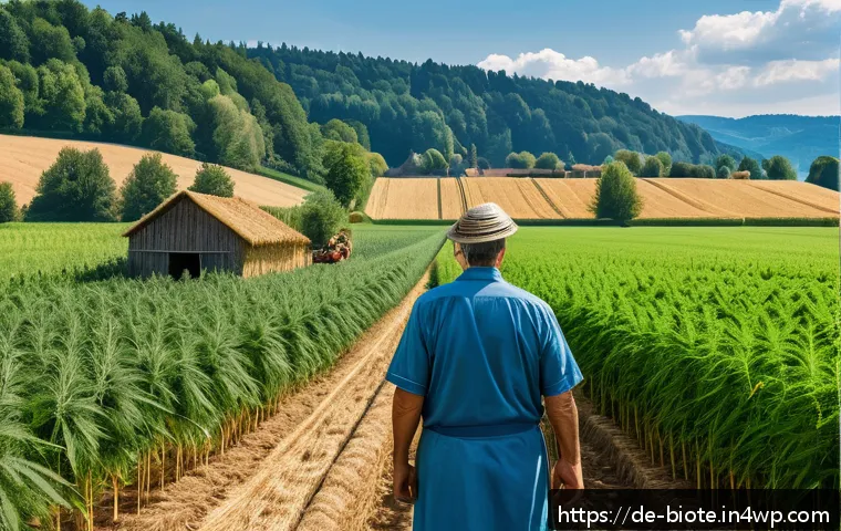 바이오 기반 소재의 원료 조달 방법 - A picturesque rural German landscape featuring a hemp field ready for harvest under a clear blue sky...