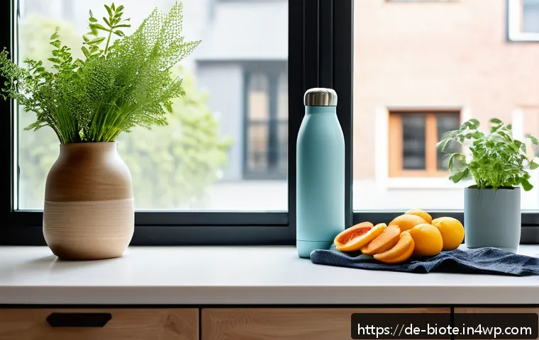 바이오 기반과 화석 기반 소재의 차이점 - A modern German kitchen scene featuring sustainable everyday items made from biobased materials: a r...